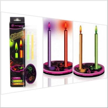 Свечи: Набор свечей, которые горят цветным огнем. В набор входит 2 свечи и