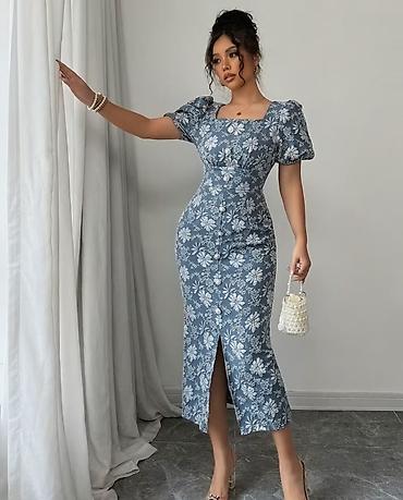 mango canta: Güllü naxışlı midi don - Rəng: boz-mavi fon üzərində ağ çiçək printi — 1