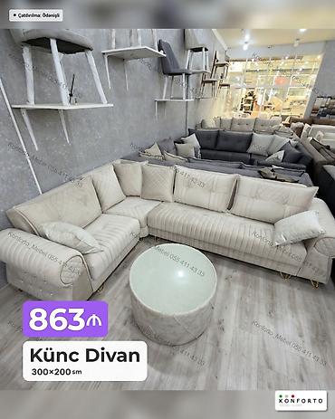 Künc divan – 300×200 sm - Rəng: açıq bej/krem tonları - Üslub