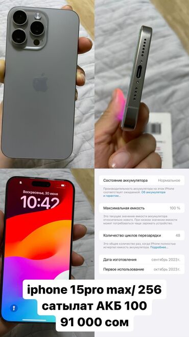 Apple iPhone: IPhone 15 Pro Max, Б/у, 256 ГБ, Серебристый, 100 %