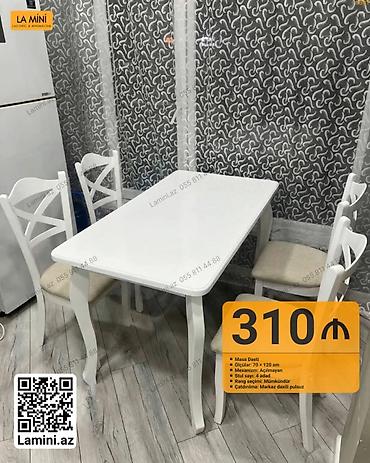 Ev və bağ: Masa dəsti – klassik dizaynlı, ağ rəngdə. Tərkibi: - Masa: 70 × 120 — 1