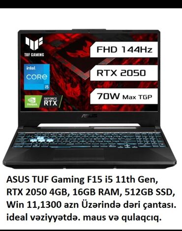 Printerlər: İşlənmiş ASUS TUF Gaming, 15.6 ", Intel Core i5, 512 GB, Rayonlara çatdırılma
