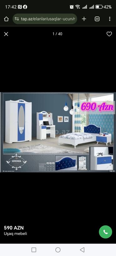 Uşaq və gənc otağı üçün dəstlər: Oğlan və qız üçün, Təknəfərlik çarpayı, Yazı masası — 1