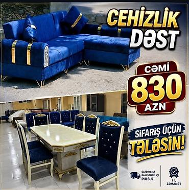 Cehizlik dəst – zövqlü mavi rəngdə yumşaq məxməri parça və qızılı