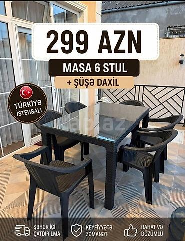 masa ofis: Məhsul: Masa və 6 ədəd stul dəsti (şüşə daxil) Təsvir: - 1 ədəd — 1