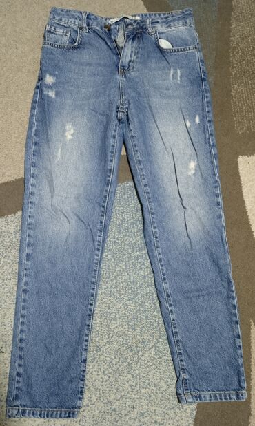 серые с потёртостями джинсы: Прямые, Средняя талия, С разрезом