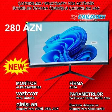 Monitorlar: Monitor "24 Alfa Curved Full HD 165Hz 1ms A24CNP165" 🚚Metrolara və