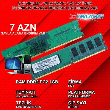 Prosessorlar: Operativ yaddaş (RAM) 1 GB, < 1333 Mhz, DDR2, PC üçün, İşlənmiş