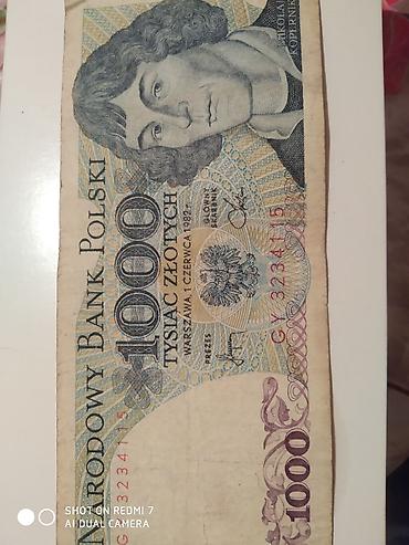 İncəsənət və kolleksiyalar: Məhsul: Polşa banknotu – 1000 Złoty (Tysiąc złotych) Təsvir: - Ön — 1