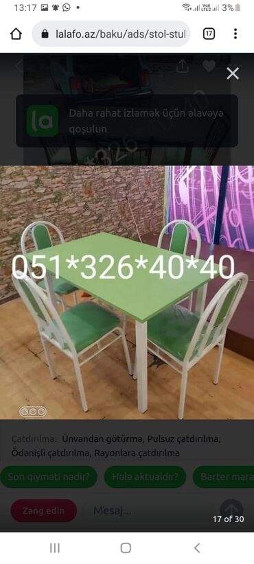 Masa və oturacaq dəstləri: Mətbəx üçün, Yeni, Açılan, Dördbucaq masa, 4 stul — 20