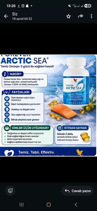 forever: Forever Arctic Sea – Təmiz Omega‑3 gücü Məhsulun tərkibi: - Balıq — 1