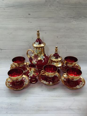 bogemalar: Çay dəsti, rəng - Qırmızı, Şüşə, Bohemia, 5 nəfərlik, Azərbaycan