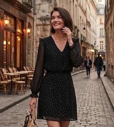 bele haljinice: Crna haljina sa sitnim tačkicama – elegantan kroj do iznad kolena. - — 1