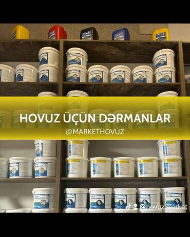 dərman qabı: Xlor, pH balanslaşdırıcıları, yosun inhibitorları, ağardıcılar, baxım