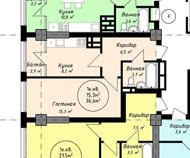 жк джидда: 1 комната, 36 м², парк Фучика Элитка, 8 этаж, ПСО (под самоотделку) — 2