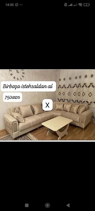 Divan və masa dəstləri: Künc divan dəsti – zərif bej rəng, yumşaq toxumalı parça və qızılı — 1