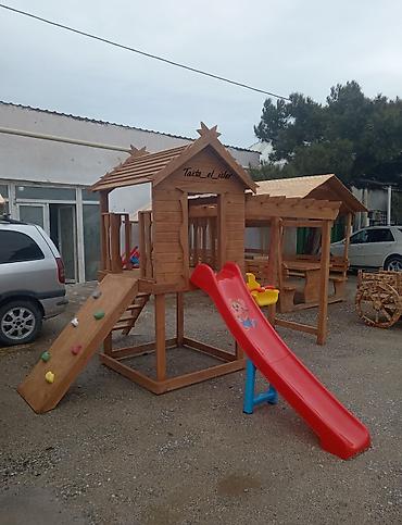 uşaq kırafatı: Uşaqlar üçün taxta oyun kompleksi - Tərkib: taxta oyun evi (üstü — 6