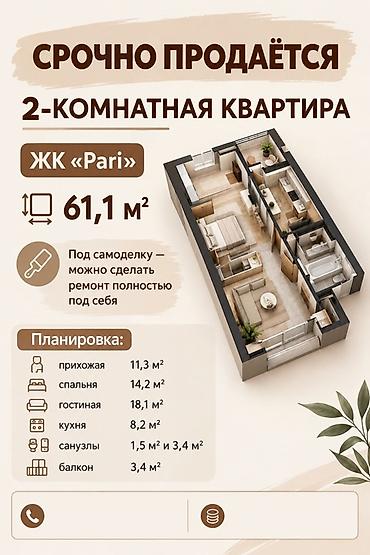 61: 2‑комнатная квартира, ЖК «Pari», общая площадь 61,1 м². Под самоделку — 1