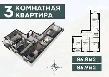 гостиница бишкек филармония: Курулуп жатат, Жеке план, 3 бөлмө, 87 кв. м