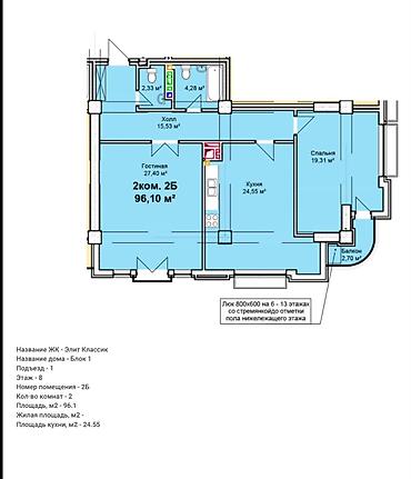 2 комнаты, 96 м², Достук мкр Элитка, 8 этаж, ПСО (под самоотделку)