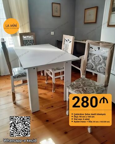 Sifarişlə divanlar: Qonaq otağı üçün, Açılan, Dördbucaq masa, 6 stul