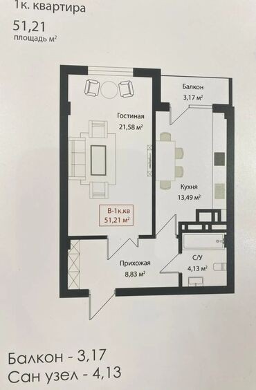 купля продажа квартир в бишкеке: 1 бөлмө, 51 кв. м, Элитка, 5 кабат, ПСО (өзү оңдоп түзөтүп бүтүү үчүн)