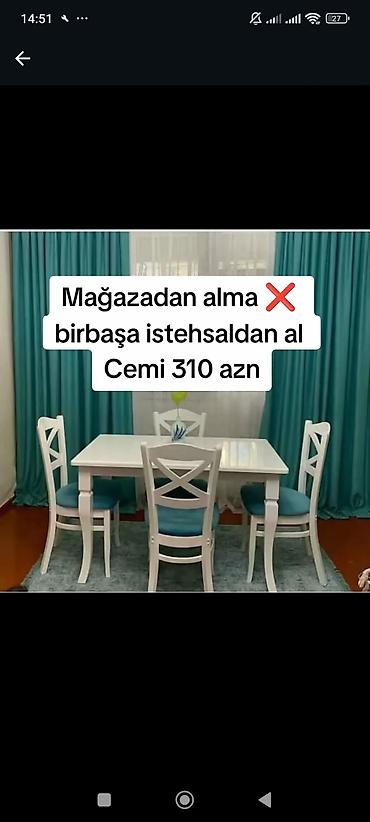 demir stol stullar: Yemək otağı dəsti – 1 masa + 4 stul • Rəng: ağ masa və ağ karkaslı — 1