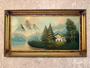 cipsi sekilleri: Yağlı boya tablo – klassik qızılı çərçivə ilə - Mövzu: dağ mənzərəsi — 1