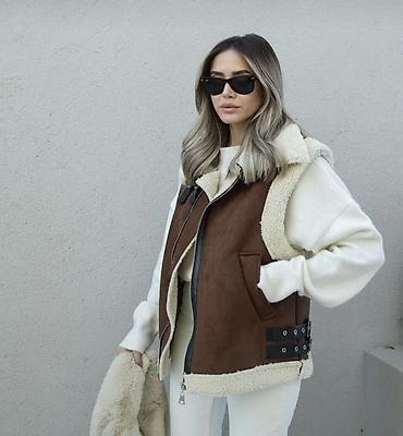 deri jaket: Qadınlar üçün süni xəz detallı, fermuarlı qolsuz jilet 1-2 dəfə — 2