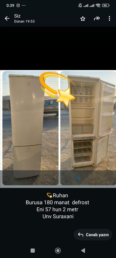 Separatorlar: İşlənmiş 2 qapılı Biryusa Soyuducu Satılır, rəng - Ağ, Dolab içi