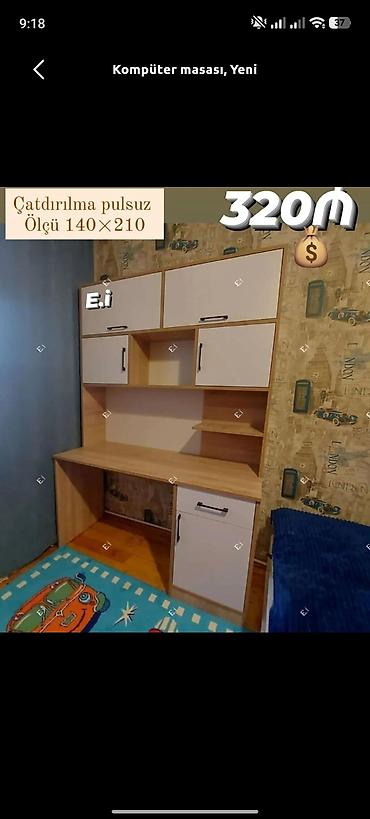 kompyuter masası: Kompyuter masası – funksional üst dolablı model - Ölçü: 140 × 210 sm — 1