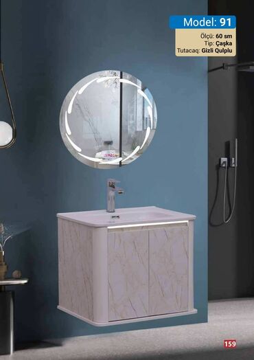 santexnika utusu: Model 91 lavabo dəsti, yuvarlaq formalı, arxa işıqlı güzgü və mərmər