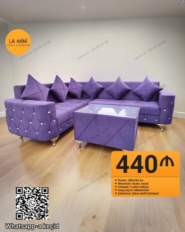 kunc divan metbex ucun: Bənövşəyi rəngdə künc divan dəsti - Ölçülər: 280 x 200 sm - Mexanizm
