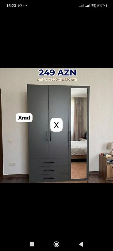 Qarderob dolabı – 3 qapılı, güzgülü model Ölçülər: Dərinlik 47 sm ×