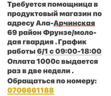 работа продавец бишкек: Требуется помощница в продуктовый магазин по адресу Ала-Арчинская 69