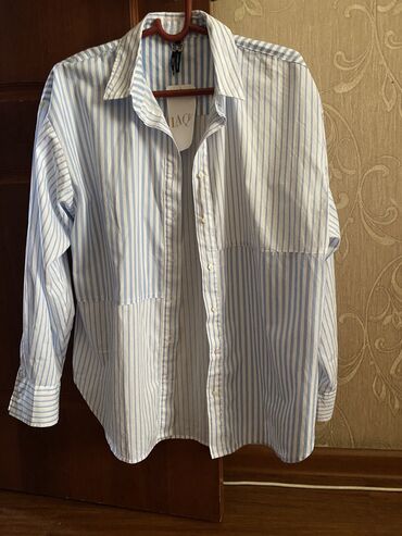 белая женская рубашка: Рубашка, Оверсайз, В полоску, Турция