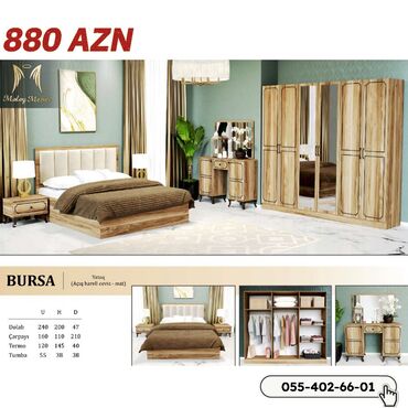 Divan və masa dəstləri: İkinəfərlik çarpayı, Dolab, Termo, 2 tumba, Yeni