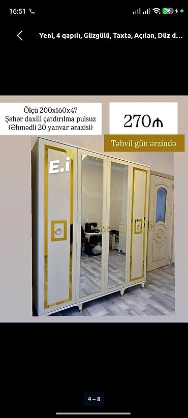 stol taxta: Dörd qapılı güzgülü paltar şkafı - Ölçü: 200 x 160 x 47 sm - Rəng — 1