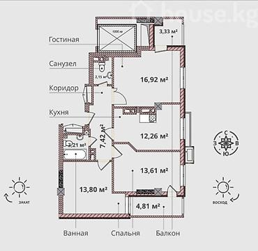 76: 3 комнаты, 76 м², Аламедин-1 мкр Элитка, 2 этаж, ПСО (под самоотделку) — 2