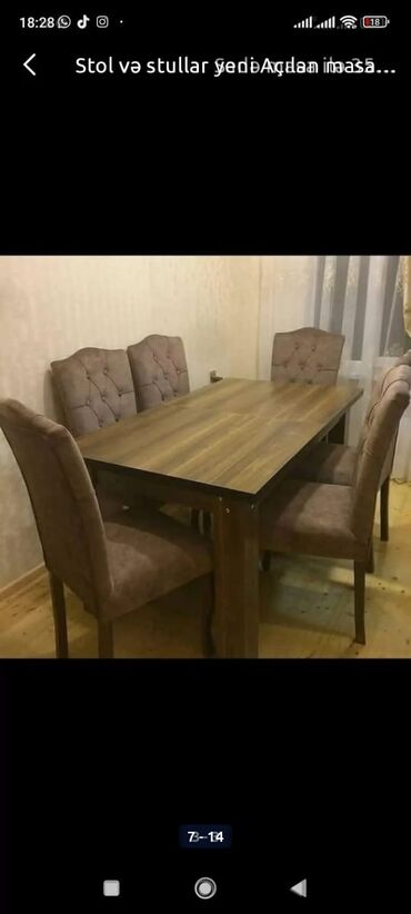 Masa və oturacaq dəstləri: Qonaq otağı üçün, Yeni, Açılmayan, Dördbucaq masa, 6 stul — 6