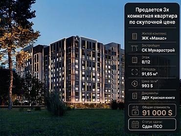 2 8: 3 комнаты, 91 м², Кок-Жар ж/м Элитка, 8 этаж, ПСО (под самоотделку) — 1