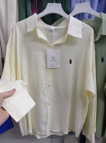 женская рубашка с высоким воротником: Рубашка, Оверсайз