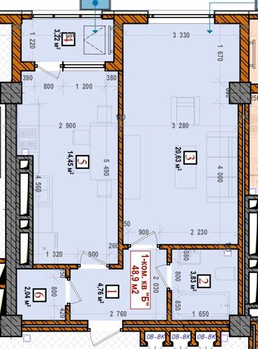 1 комнатная квартира без мебели: 1 комната, 49 м², Элитка, 7 этаж, ПСО (под самоотделку)