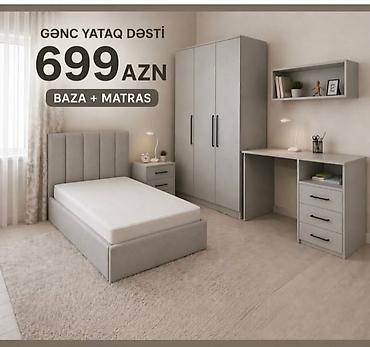 Gənc yataq dəsti – baza + matras daxil Minimalist dizaynlı boz rəngli
