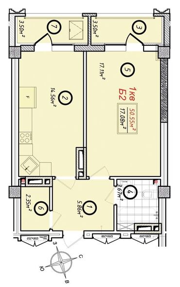 магистраль: 1 комната, 50 м², Элитка, 8 этаж, ПСО (под самоотделку)