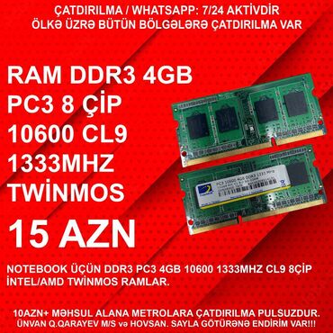 Operativ yaddaş (RAM): Operativ yaddaş (RAM) 4 GB, 1333 Mhz, DDR3, Noutbuk üçün, İşlənmiş
