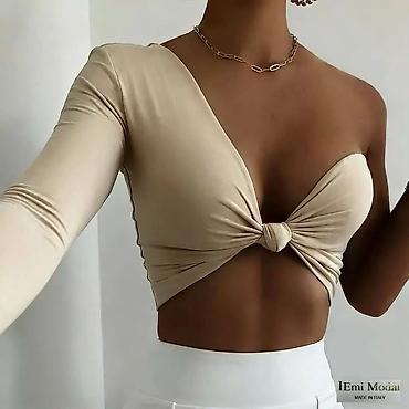 Topovi: Asimetrični ženski crop top sa čvorom - Dizajn: jedan dugi rukav + — 7