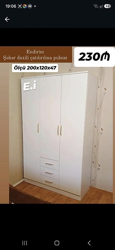 Ev üçün mebel: Ağ rəngli üç qapılı geyim dolabı - Ölçü: 200 x 120 x 47 sm - Dizayn — 1
