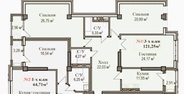 Магазины: 3 комнаты, 121 м², 12 этаж, ПСО (под самоотделку)