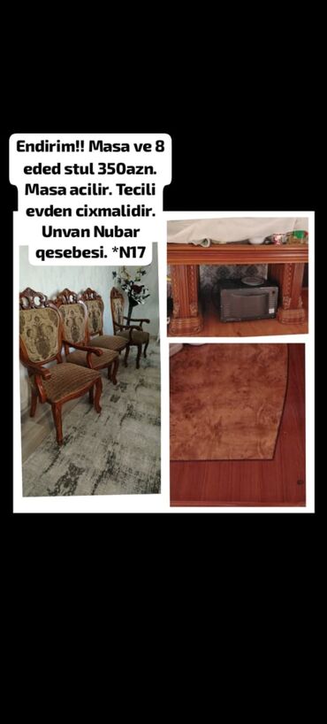 at şekli: Endirim!! Masa ve 8 eded stul 350azn. Masa acilir. Tecili evden